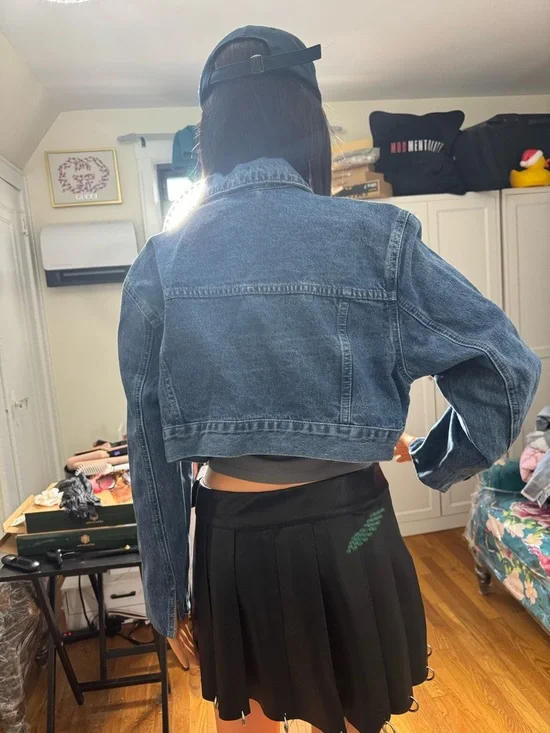 Cropped Blue Denim Jacket with Custom Rhinestone Trim - Picture 3 of 3